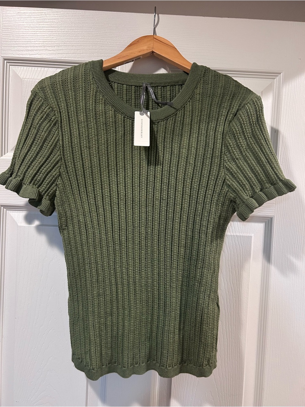 Anthropologie Olive Ribbed Short Sleeve Knit Top